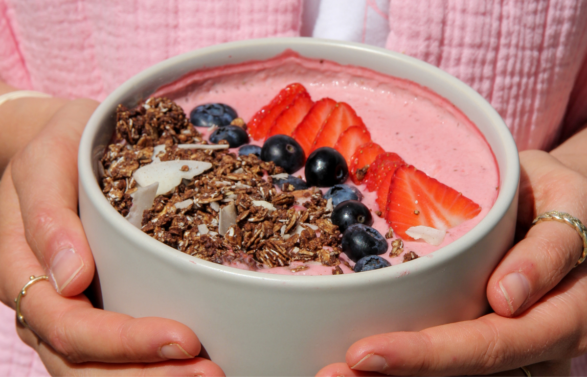 Vegan Pink Berry Smoothie Bowl with Coconut-Cocoa Granola & Fresh