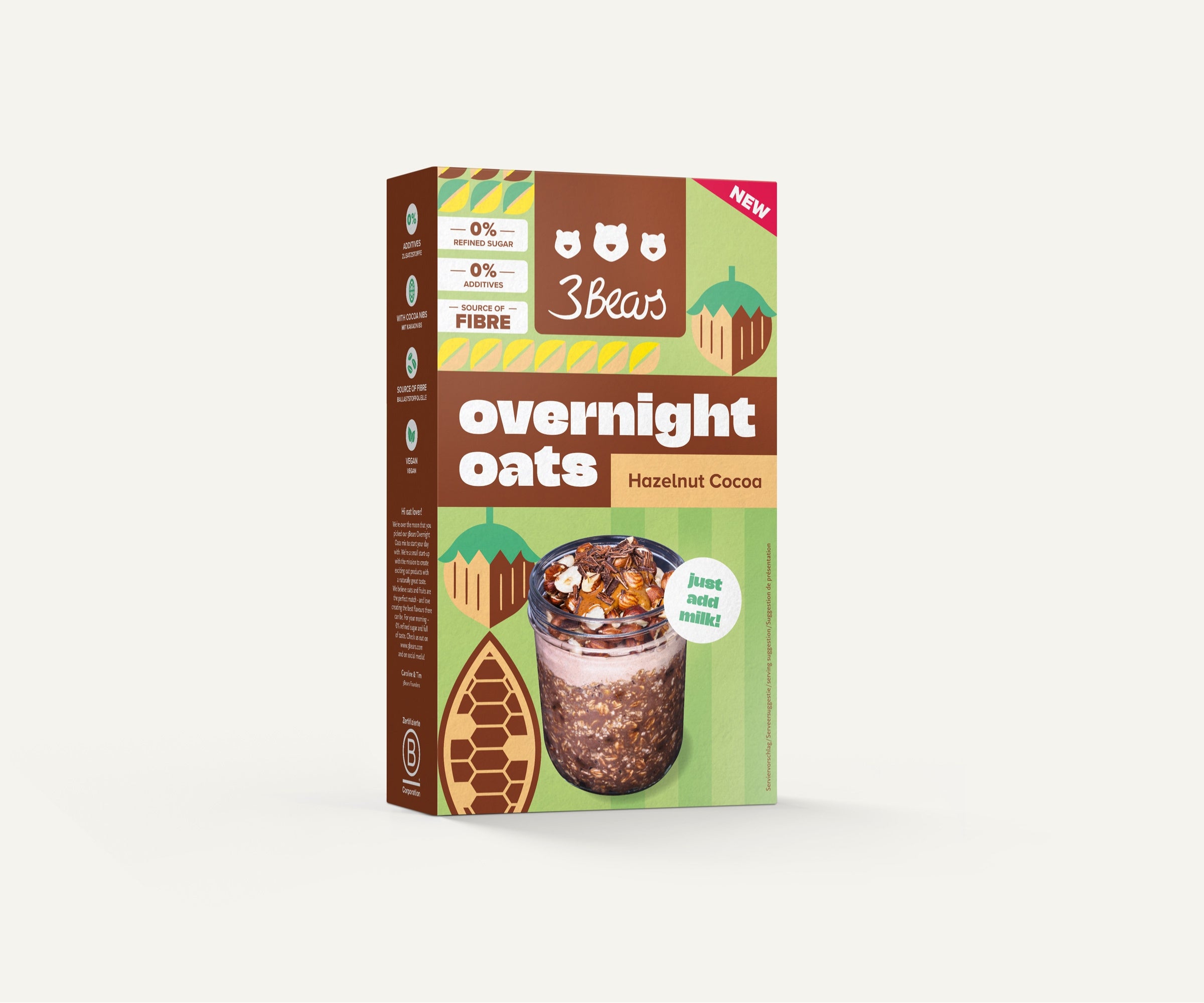 3Bears Overnight Oats - Hazelnut Cocoa, naturally sweet, no additives, and 100% vegan