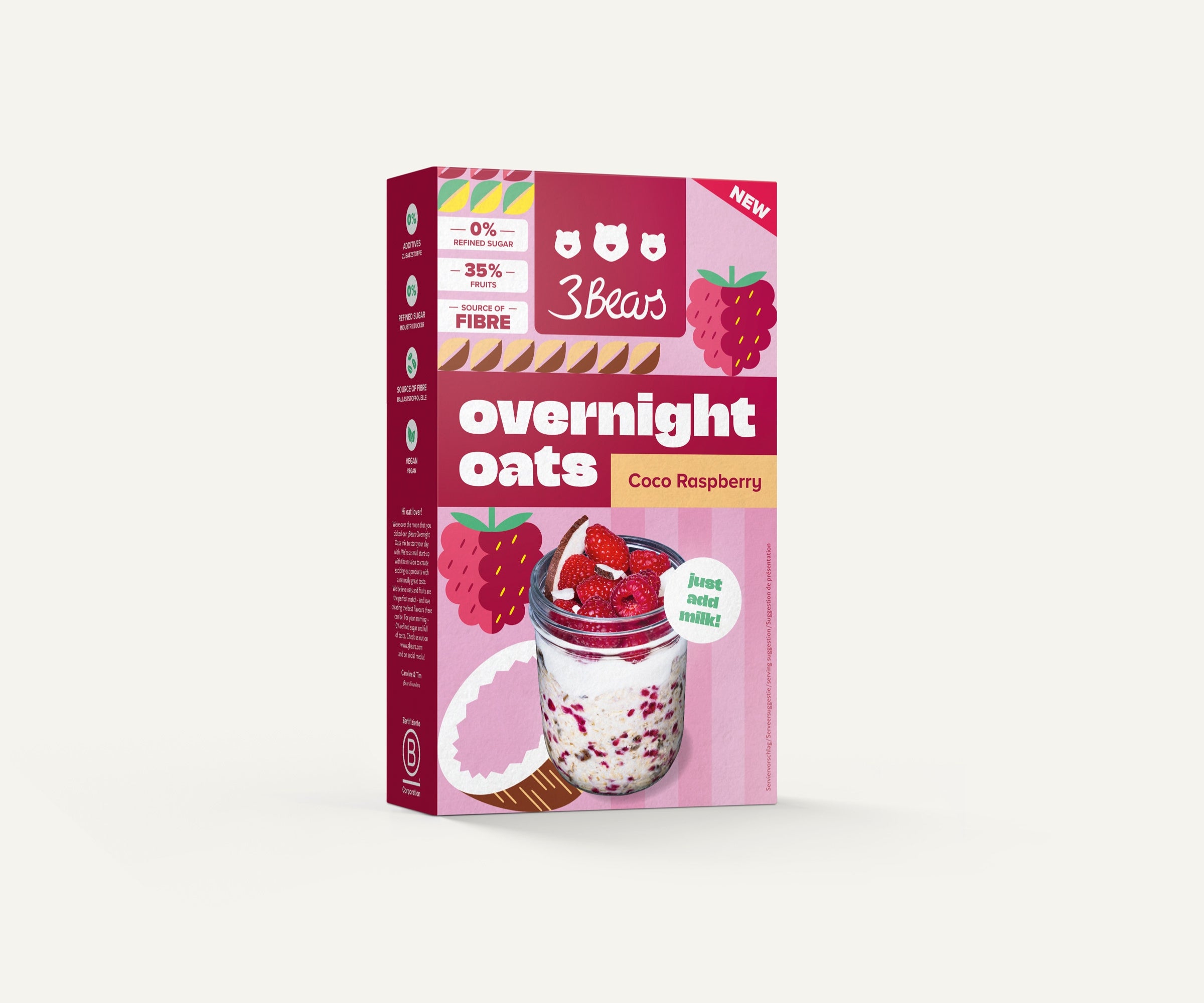 3Bears Overnight Oats - Coco Raspberry, naturally sweet, no additives, and 100% vegan 01_OO-Kokos-Himbeere_Hauptbild_7000796