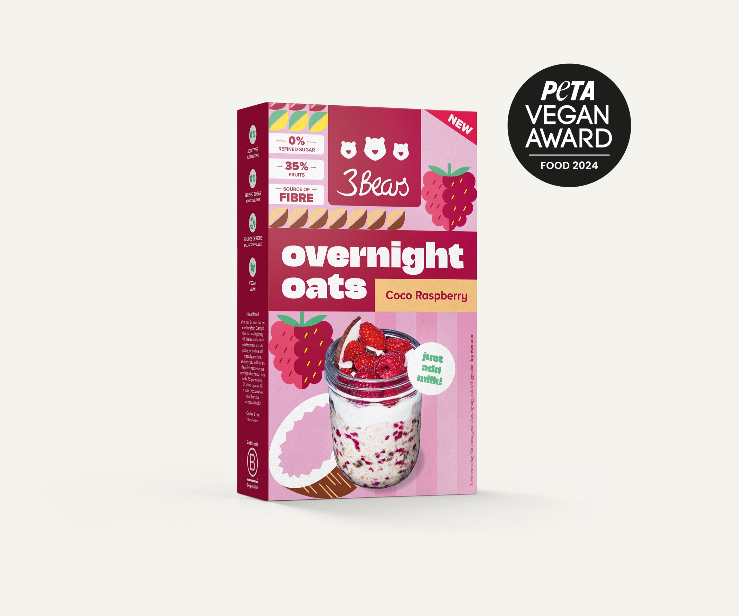 3Bears Overnight Oats - Coco Raspberry, naturally sweet, no additives, and 100% vegan 01_OO-Kokos-Himbeere_Hauptbild_7000796 