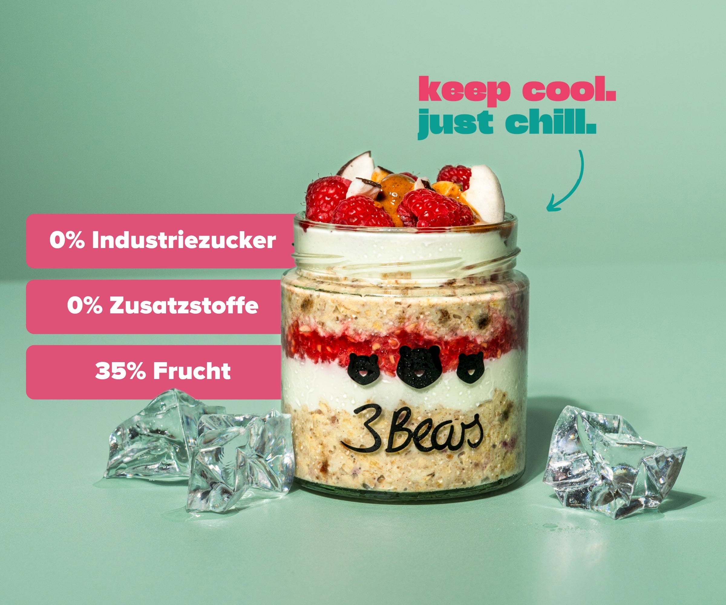 Jar with Overnight Oats - Coco Raspberry. 0% refined sugar and additives, 35% fruit 